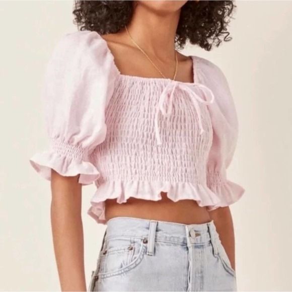 Faithfull the Brand Tops - FAITHFUL THE BRAND Lenora Pale Pink Smocked Cropped Top | Size XL